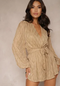 Ciemnobeżowy Kombinezon Kopertowy z Tłoczeniami i Błyszczącymi Przeszyciami Wiązany w Talii Venirise