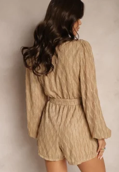 Ciemnobeżowy Kombinezon Kopertowy z Tłoczeniami i Błyszczącymi Przeszyciami Wiązany w Talii Venirise