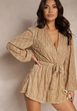 Ciemnobeżowy Kombinezon Kopertowy z Tłoczeniami i Błyszczącymi Przeszyciami Wiązany w Talii Venirise