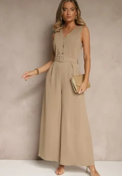 Ciemnobeżowy Kombinezon o Taliowanym Kroju z Wiskozą i Paskiem Raliorea