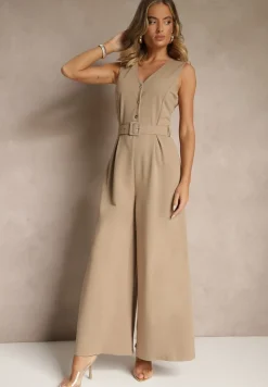 Ciemnobeżowy Kombinezon o Taliowanym Kroju z Wiskozą i Paskiem Raliorea