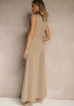 Ciemnobeżowy Kombinezon o Taliowanym Kroju z Wiskozą i Paskiem Raliorea