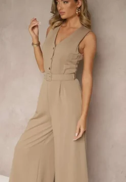 Ciemnobeżowy Kombinezon o Taliowanym Kroju z Wiskozą i Paskiem Raliorea