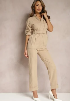 Ciemnobeżowy Kombinezon Utility z Szerokimi Nogawkami i Paskiem Pireval