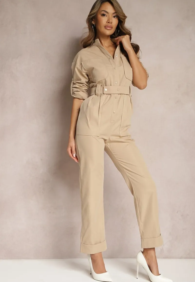 Ciemnobeżowy Kombinezon Utility z Szerokimi Nogawkami i Paskiem Pireval