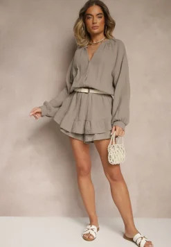 Ciemnobeżowy Kombinezon z Bawełny ze Spódnico-Spodenkami i Guzikami oraz Gumką w Talii Vimatthea