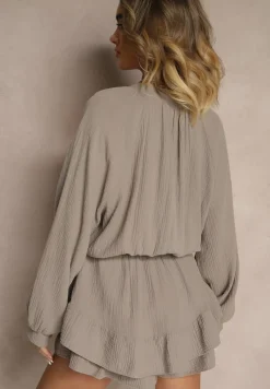 Ciemnobeżowy Kombinezon z Bawełny ze Spódnico-Spodenkami i Guzikami oraz Gumką w Talii Vimatthea