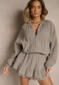 Ciemnobeżowy Kombinezon z Bawełny ze Spódnico-Spodenkami i Guzikami oraz Gumką w Talii Vimatthea