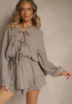 Ciemnobeżowy Kombinezon z Bawełny Ozdobiony Wiązaniem i Falbankami Nalelia