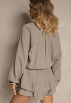 Ciemnobeżowy Kombinezon z Bawełny Ozdobiony Wiązaniem i Falbankami Nalelia