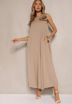 Ciemnobeżowy Kombinezon z Wiskozą Ozdobiona Kwiatem Broszką 3D Solio