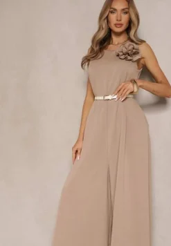 Ciemnobeżowy Kombinezon z Wiskozą Ozdobiona Kwiatem Broszką 3D Solio