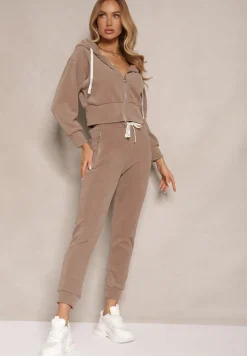 Ciemnobeżowy Komplet Dresowy z Bawełny Bluza z Kapturem i Spodnie Slim Inerisa