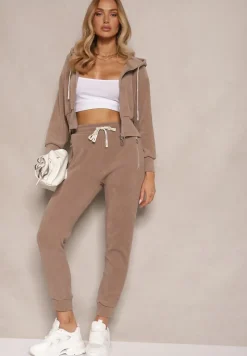 Ciemnobeżowy Komplet Dresowy z Bawełny Bluza z Kapturem i Spodnie Slim Inerisa