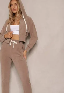 Ciemnobeżowy Komplet Dresowy z Bawełny Bluza z Kapturem i Spodnie Slim Inerisa