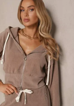 Ciemnobeżowy Komplet Dresowy z Bawełny Bluza z Kapturem i Spodnie Slim Inerisa