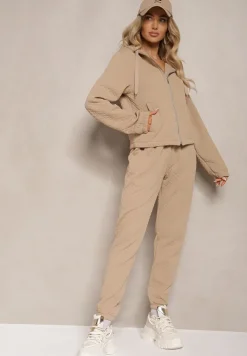 Ciemnobeżowy Komplet Dresowy z Domieszką Bawełny Pikowana Bluza z Kapturem i Joggery Evathira