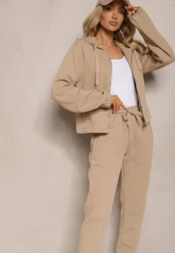 Ciemnobeżowy Komplet Dresowy z Domieszką Bawełny Pikowana Bluza z Kapturem i Joggery Evathira