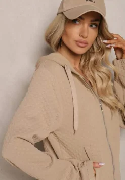 Ciemnobeżowy Komplet Dresowy z Domieszką Bawełny Pikowana Bluza z Kapturem i Joggery Evathira