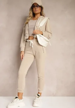 Ciemnobeżowy Komplet Dresowy z Dodatkiem Bawełny Spodnie z Gumką w Talii Bluza z Kapturem Sesaria