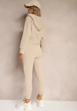 Ciemnobeżowy Komplet Dresowy z Dodatkiem Bawełny Spodnie z Gumką w Talii Bluza z Kapturem Sesaria