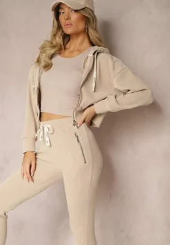 Ciemnobeżowy Komplet Dresowy z Dodatkiem Bawełny Spodnie z Gumką w Talii Bluza z Kapturem Sesaria