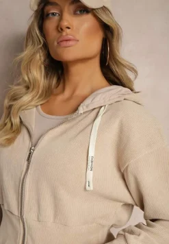 Ciemnobeżowy Komplet Dresowy z Dodatkiem Bawełny Spodnie z Gumką w Talii Bluza z Kapturem Sesaria