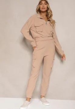 Ciemnobeżowy Komplet Dresowy z Bluzą o Krótkim Kroju i Joggerami z Kieszeniami Riathna