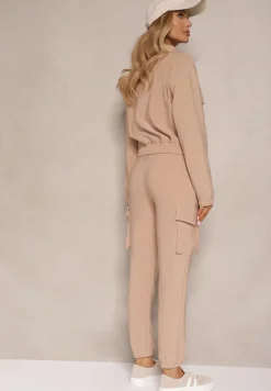 Ciemnobeżowy Komplet Dresowy z Bluzą o Krótkim Kroju i Joggerami z Kieszeniami Riathna