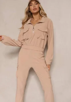 Ciemnobeżowy Komplet Dresowy z Bluzą o Krótkim Kroju i Joggerami z Kieszeniami Riathna