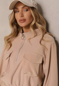 Ciemnobeżowy Komplet Dresowy z Bluzą o Krótkim Kroju i Joggerami z Kieszeniami Riathna