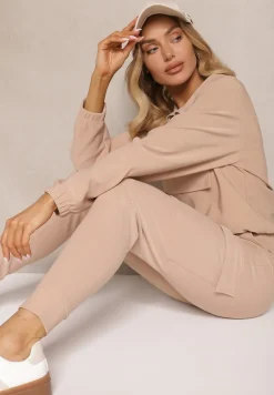 Ciemnobeżowy Komplet Dresowy Bluza z Suwakiem i Kołnierzem i Spodnie z Kieszeniami Cargo Taigena