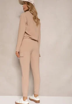 Ciemnobeżowy Komplet Dresowy Bluza z Suwakiem i Kołnierzem i Spodnie z Kieszeniami Cargo Taigena