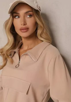 Ciemnobeżowy Komplet Dresowy Bluza z Suwakiem i Kołnierzem i Spodnie z Kieszeniami Cargo Taigena