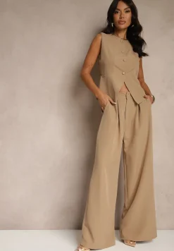 Ciemnobeżowy Komplet Garniturowy Szerokie Spodnie i Kamizelka Ziorene
