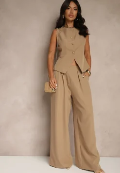 Ciemnobeżowy Komplet Garniturowy Szerokie Spodnie i Kamizelka Ziorene
