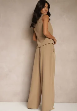 Ciemnobeżowy Komplet Garniturowy Szerokie Spodnie i Kamizelka Ziorene