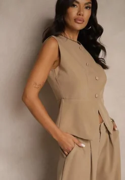 Ciemnobeżowy Komplet Garniturowy Szerokie Spodnie i Kamizelka Ziorene