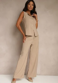 Ciemnobeżowy Komplet o Garniturowym Kroju Spodnie Wide Leg i Taliowana Kamizelka Nalinise