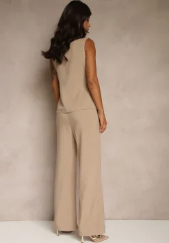 Ciemnobeżowy Komplet o Garniturowym Kroju Spodnie Wide Leg i Taliowana Kamizelka Nalinise