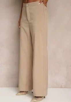 Ciemnobeżowy Komplet o Garniturowym Kroju Spodnie Wide Leg i Taliowana Kamizelka Nalinise