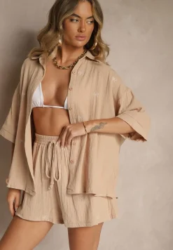 Ciemnobeżowy Komplet z Bawełny z Koszulą Zdobioną Haftem i Szortami Dortebia