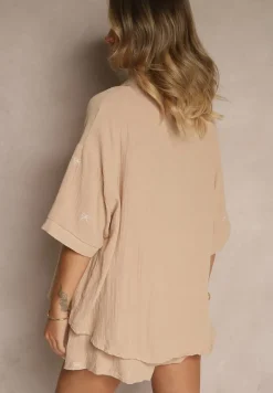 Ciemnobeżowy Komplet z Bawełny z Koszulą Zdobioną Haftem i Szortami Dortebia