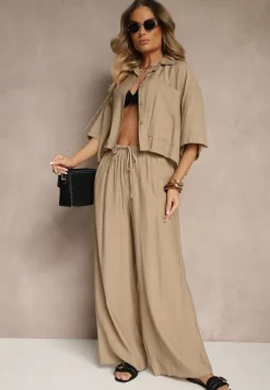 Ciemnobeżowy Komplet z Wiskozy o Kroju Oversize Koszula i Spodnie Dovaraella