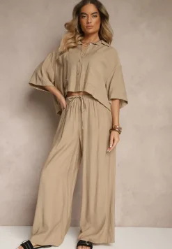 Ciemnobeżowy Komplet z Wiskozy o Kroju Oversize Koszula i Spodnie Dovaraella