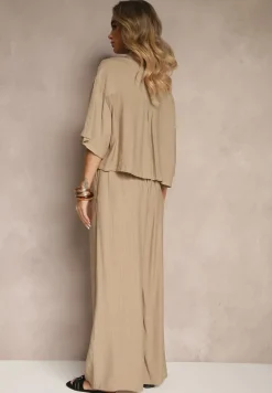 Ciemnobeżowy Komplet z Wiskozy o Kroju Oversize Koszula i Spodnie Dovaraella