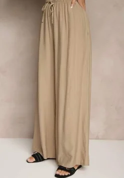 Ciemnobeżowy Komplet z Wiskozy o Kroju Oversize Koszula i Spodnie Dovaraella