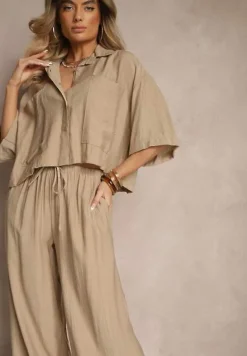 Ciemnobeżowy Komplet z Wiskozy o Kroju Oversize Koszula i Spodnie Dovaraella