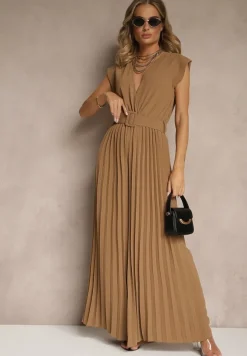 Ciemnobeżowy Kopertowy Kombinezon Wide Leg Zdobiony Plisami i Paskiem z Klamrą Salirella