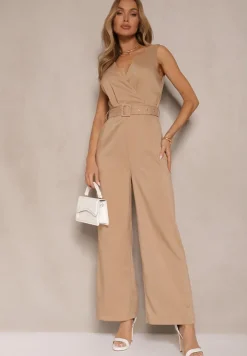 Ciemnobeżowy Kopertowy Kombinezon z Bawełną Ozdobiony Paskiem Evianaria